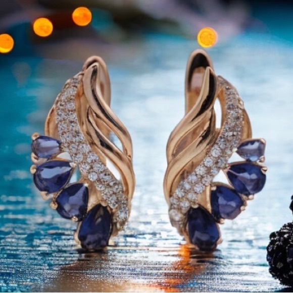 Vintage Water Drop White and Blue Cubic Zircon Rose Gold Plated Women Earrings - Picture 5 of 5